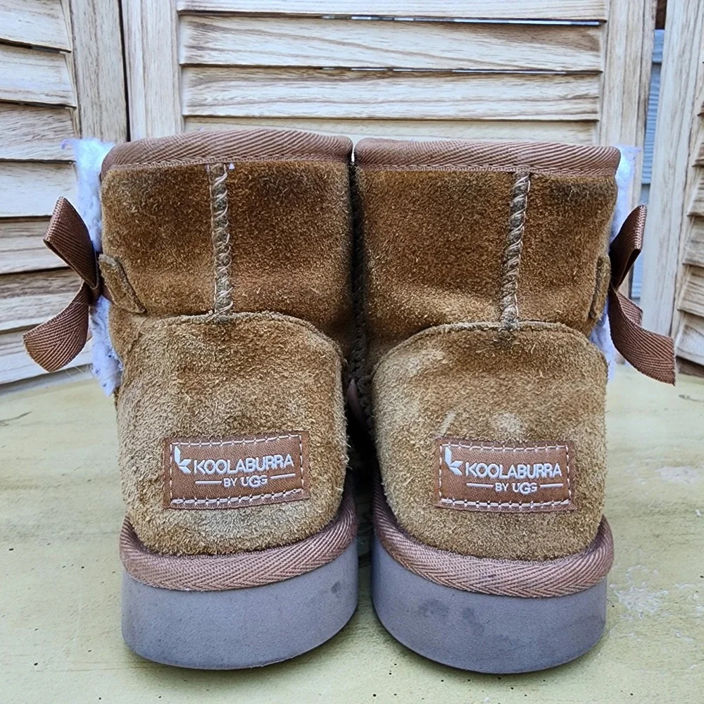 Koolaburra by UGG Sz 7 Chestnut Suede Y2K Victoria Mini Ankle Boots Bows Cozy